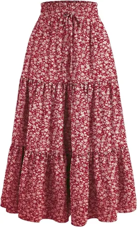 Women's Boho Floral Tiered Midi Skirt Elastic Waisted Pleated A-line Casual Summer Long Skirt