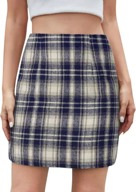Women's Casual Plaid Skirt Zipper Side High Waisted Bodycon Mini Skirt