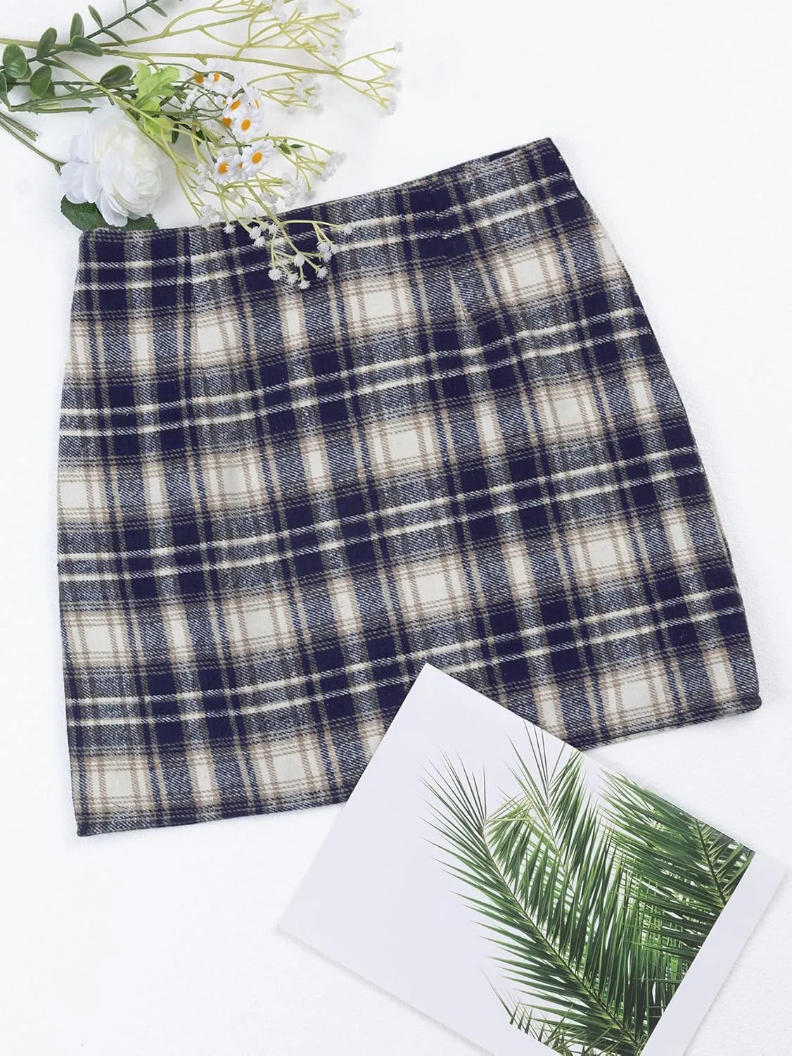 Women's Casual Plaid Skirt Zipper Side High Waisted Bodycon Mini Skirt