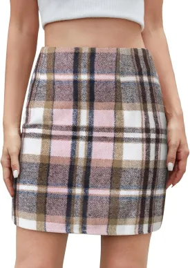 Women's Casual Plaid Skirt Zipper Side High Waisted Bodycon Mini Skirt