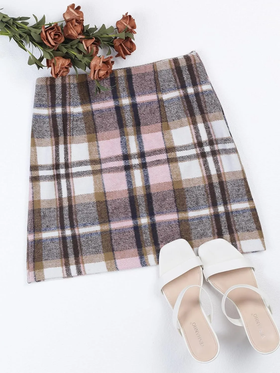 Women's Casual Plaid Skirt Zipper Side High Waisted Bodycon Mini Skirt