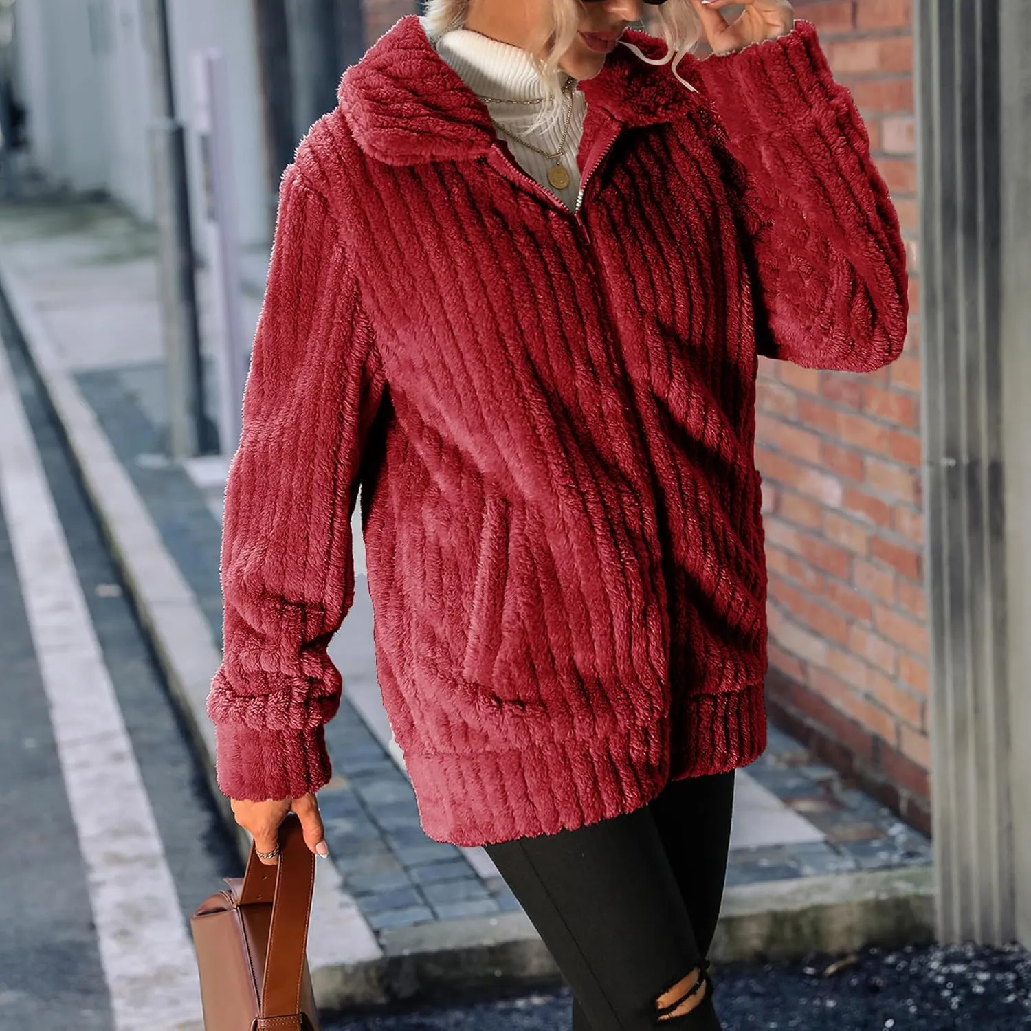 Women's Fleece Jacket Women Full Zip Long Sleeve Lapel Collar Sherpa Coat Outerwear with Pockets (S-5XL)