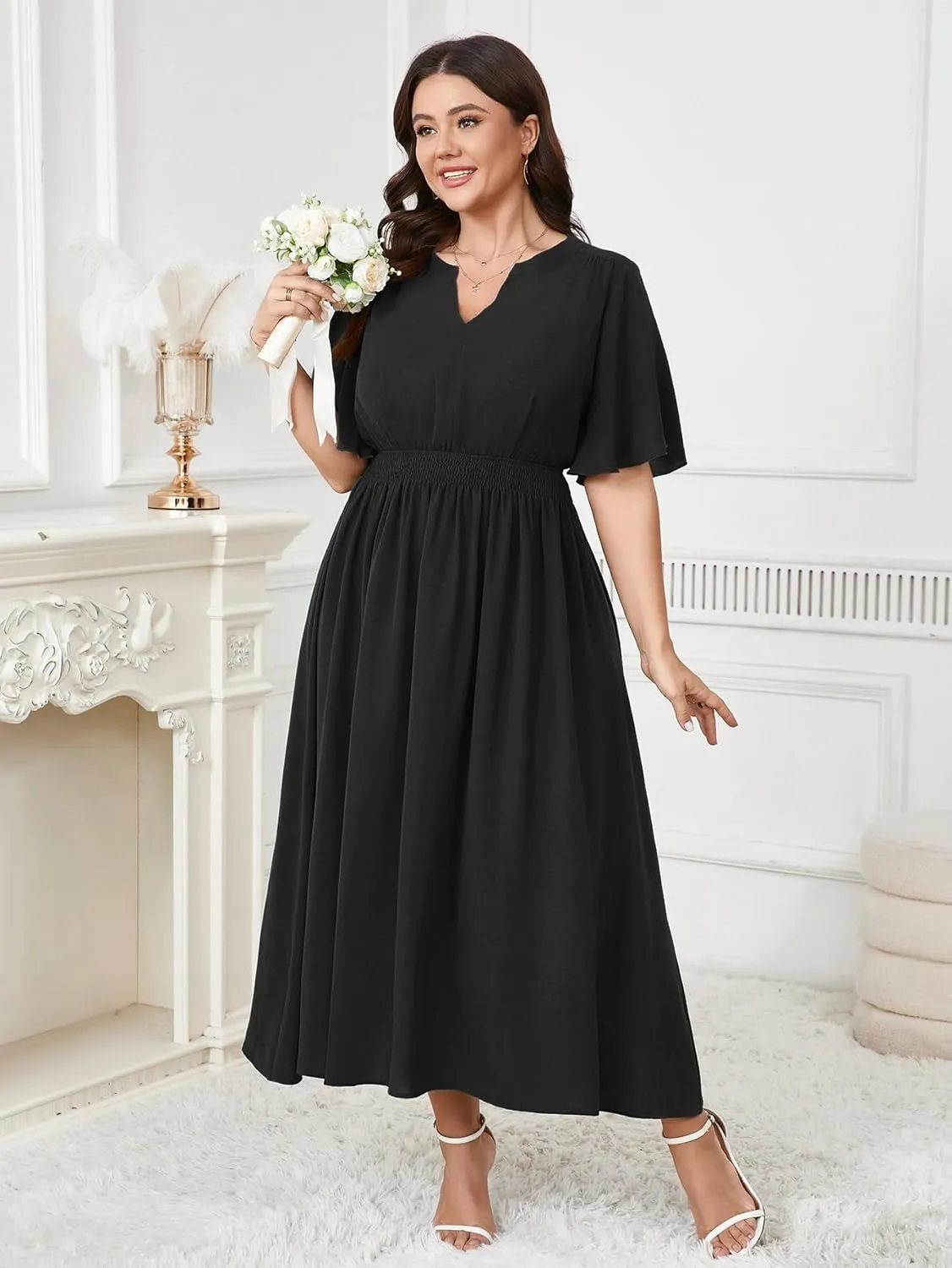 Women's Plus Size Dress for Women Wedding Guest Cocktail Smocked Ruffle Short Sleeve V Neck Flowy Maxi Dresses