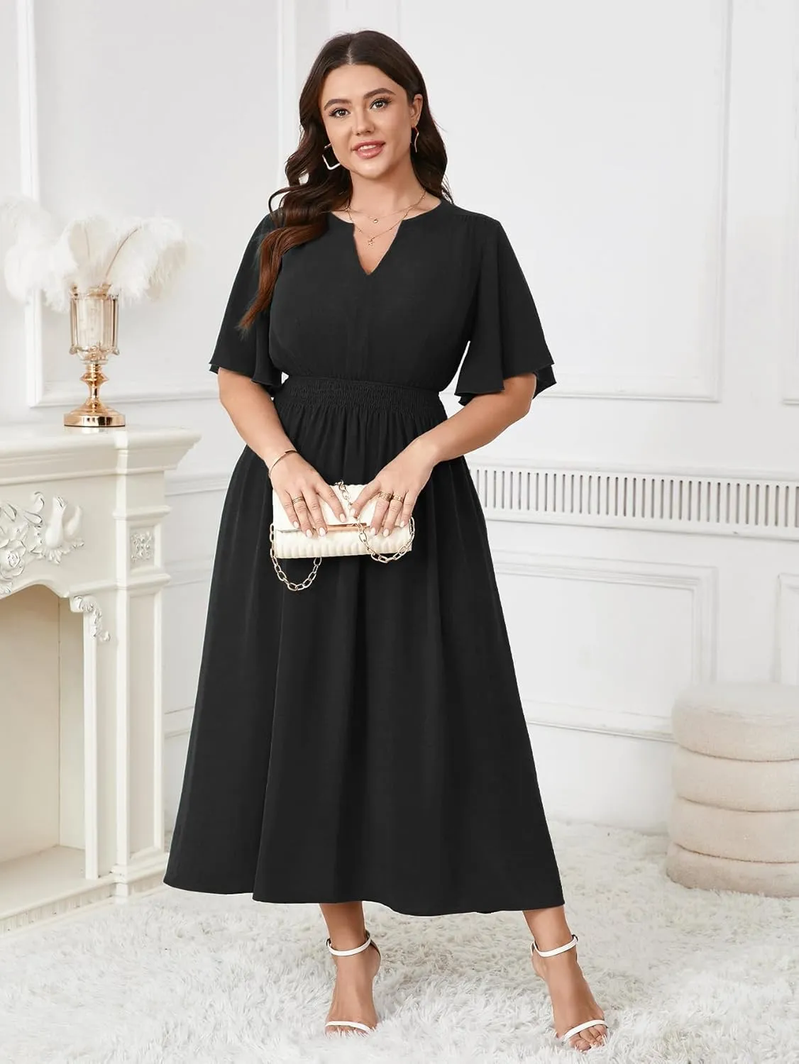 Women's Plus Size Dress for Women Wedding Guest Cocktail Smocked Ruffle Short Sleeve V Neck Flowy Maxi Dresses