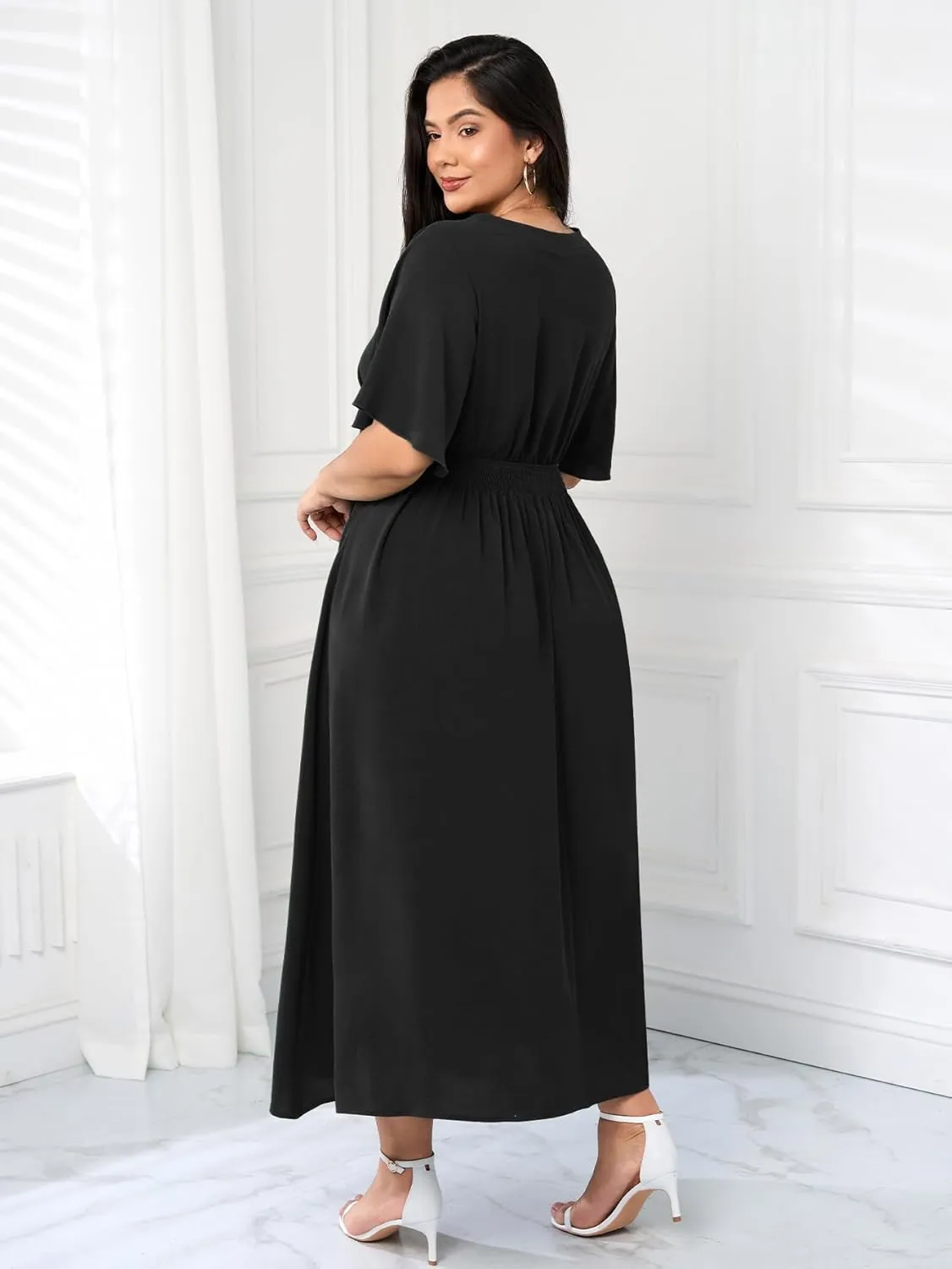 Women's Plus Size Dress for Women Wedding Guest Cocktail Smocked Ruffle Short Sleeve V Neck Flowy Maxi Dresses