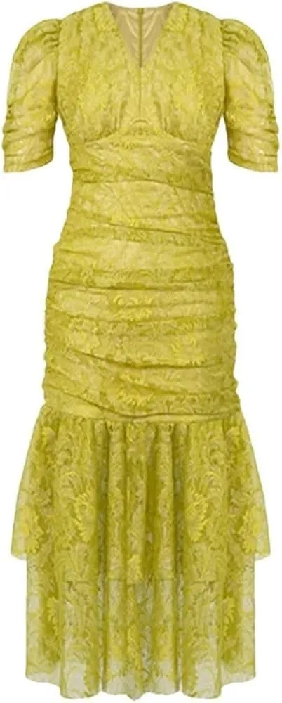 Women's Sweet Lace Evening Dress Elegant Puff Sleeve Slim Midi Long Holiday Vacation Dresses