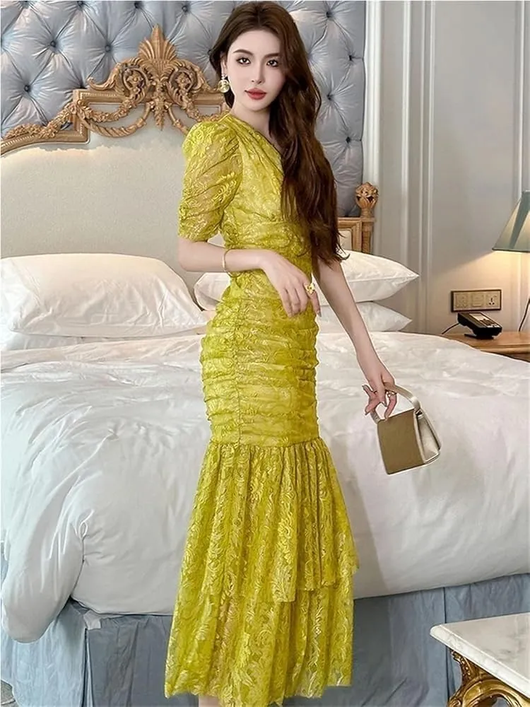 Women's Sweet Lace Evening Dress Elegant Puff Sleeve Slim Midi Long Holiday Vacation Dresses