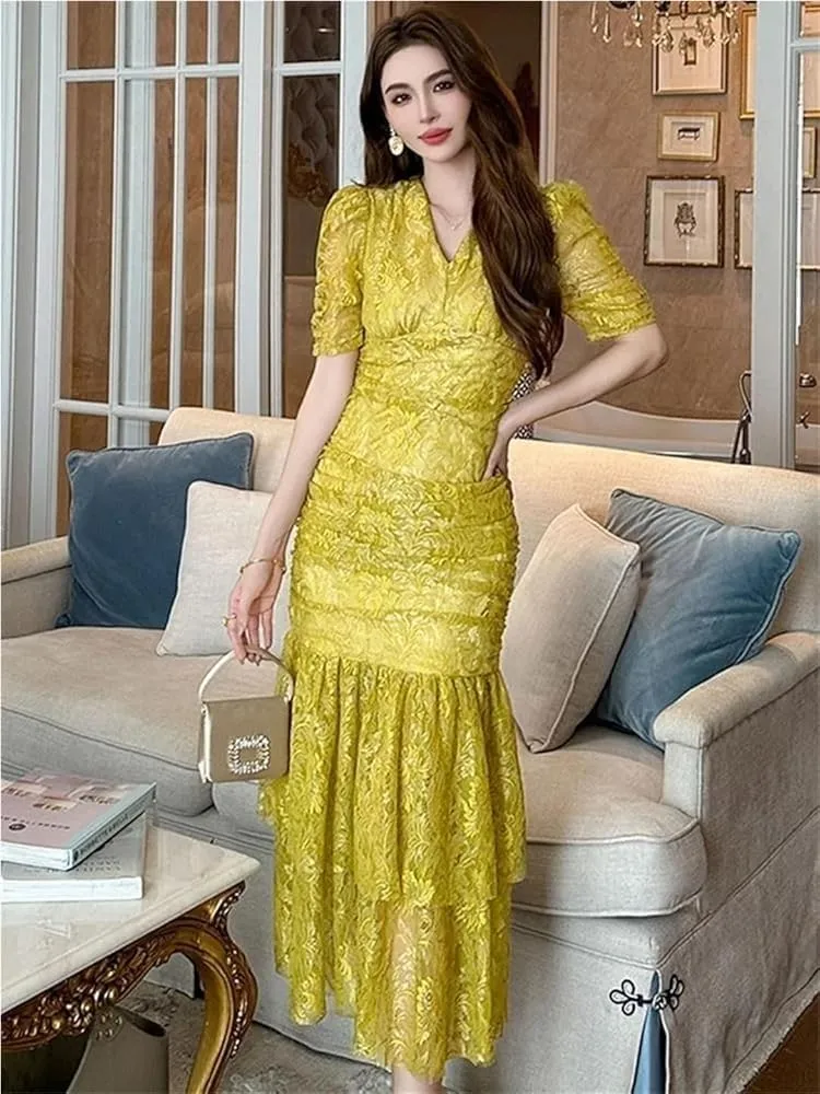 Women's Sweet Lace Evening Dress Elegant Puff Sleeve Slim Midi Long Holiday Vacation Dresses