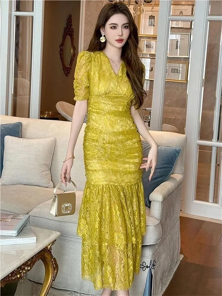 Women's Sweet Lace Evening Dress Elegant Puff Sleeve Slim Midi Long Holiday Vacation Dresses