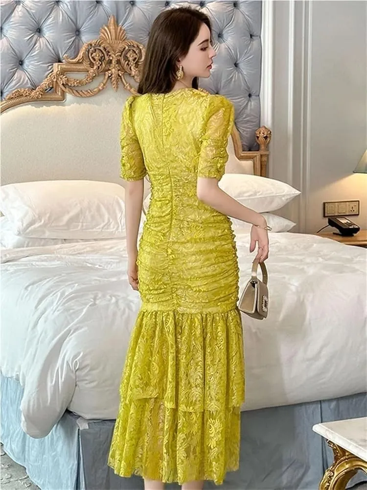 Women's Sweet Lace Evening Dress Elegant Puff Sleeve Slim Midi Long Holiday Vacation Dresses