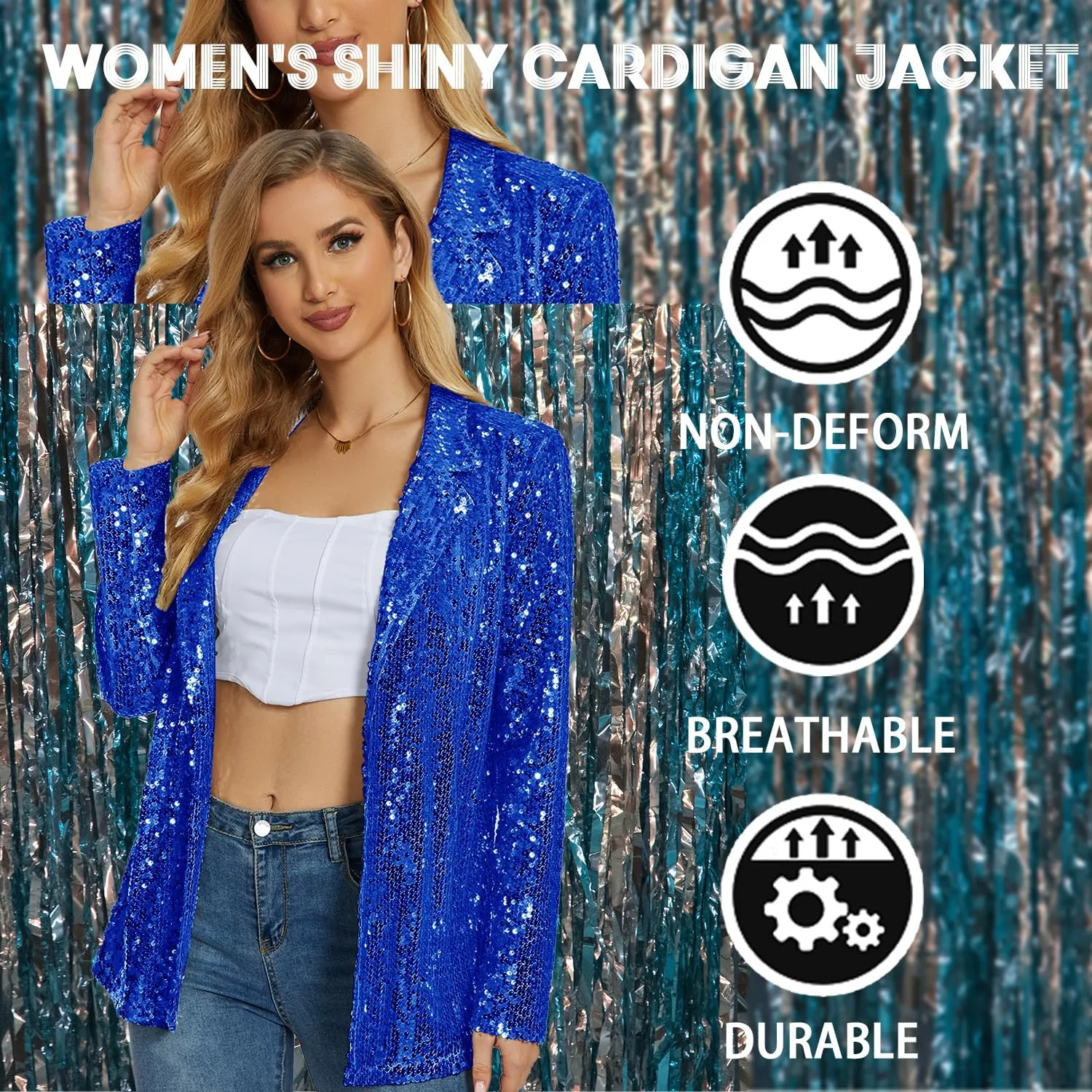 Ypser Women's Sequin Blazer Open Front Sparkle Jacket Glitter Coat for Evening Party