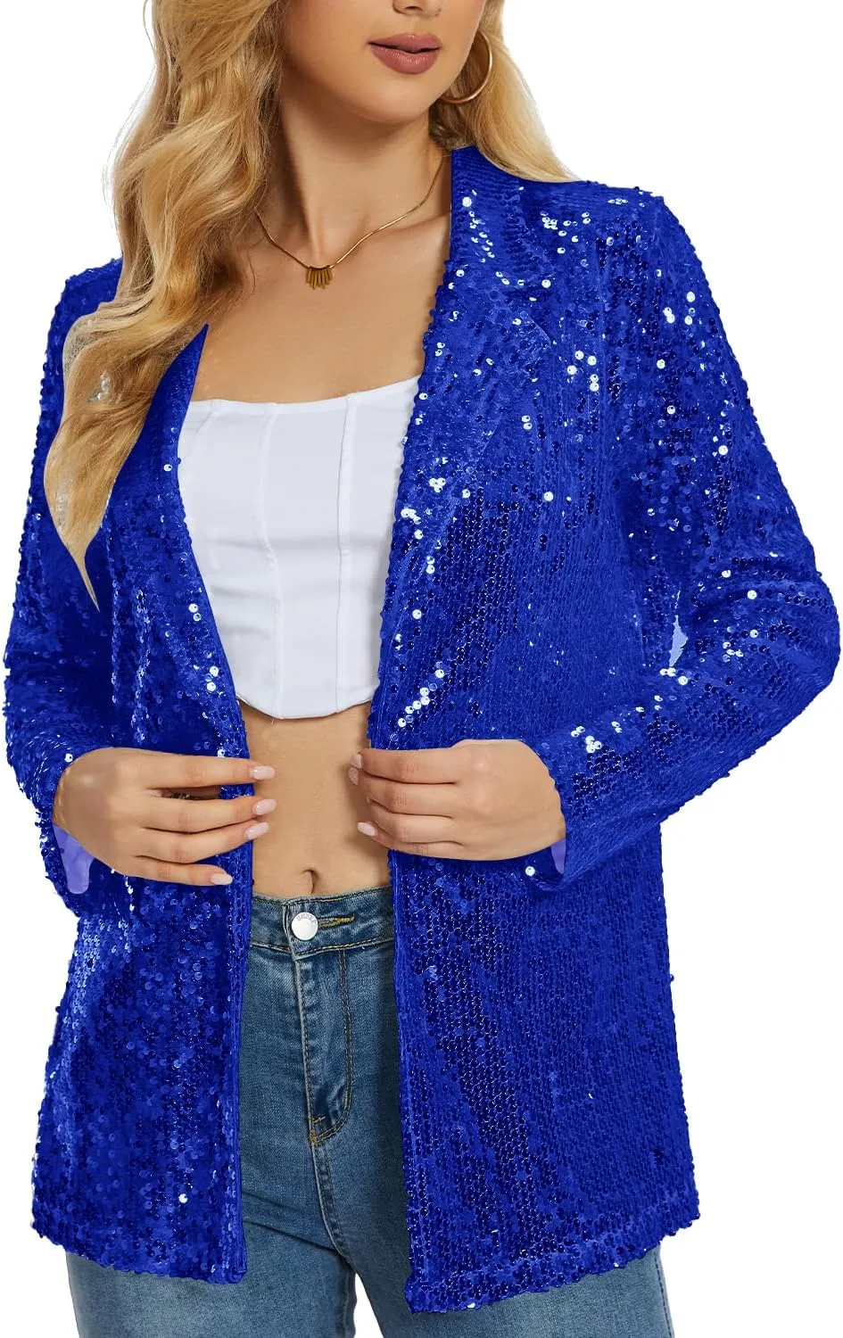 Ypser Women's Sequin Blazer Open Front Sparkle Jacket Glitter Coat for Evening Party
