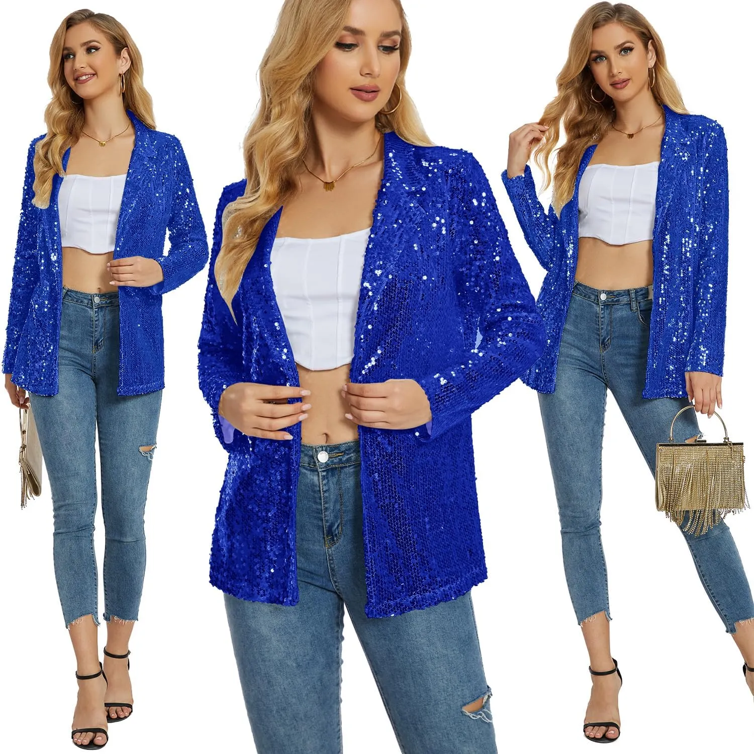 Ypser Women's Sequin Blazer Open Front Sparkle Jacket Glitter Coat for Evening Party