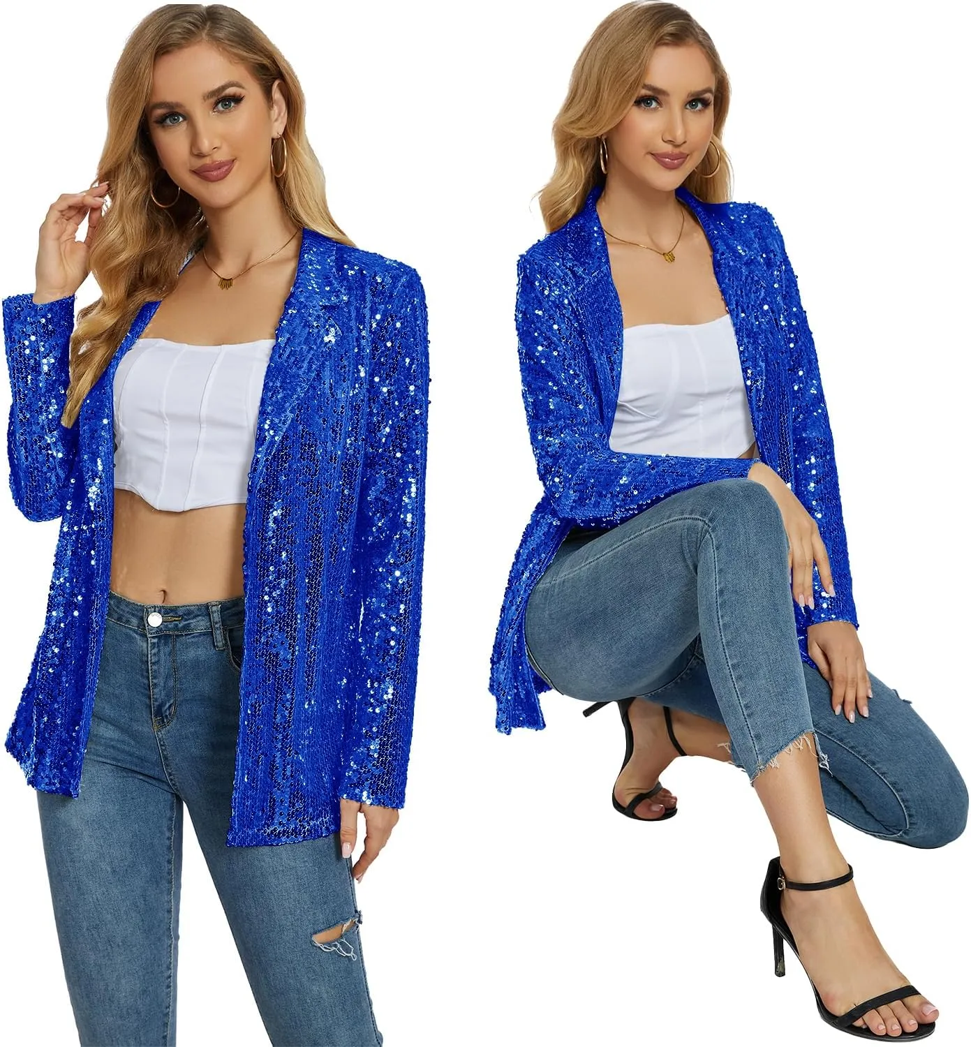 Ypser Women's Sequin Blazer Open Front Sparkle Jacket Glitter Coat for Evening Party