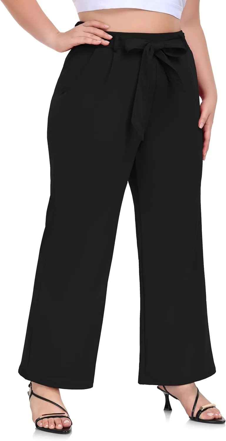 ZERDOCEAN Women's Plus Size Wide Leg Pants High Waisted Self-tie Belted Lounge Pants Trousers with Pockets