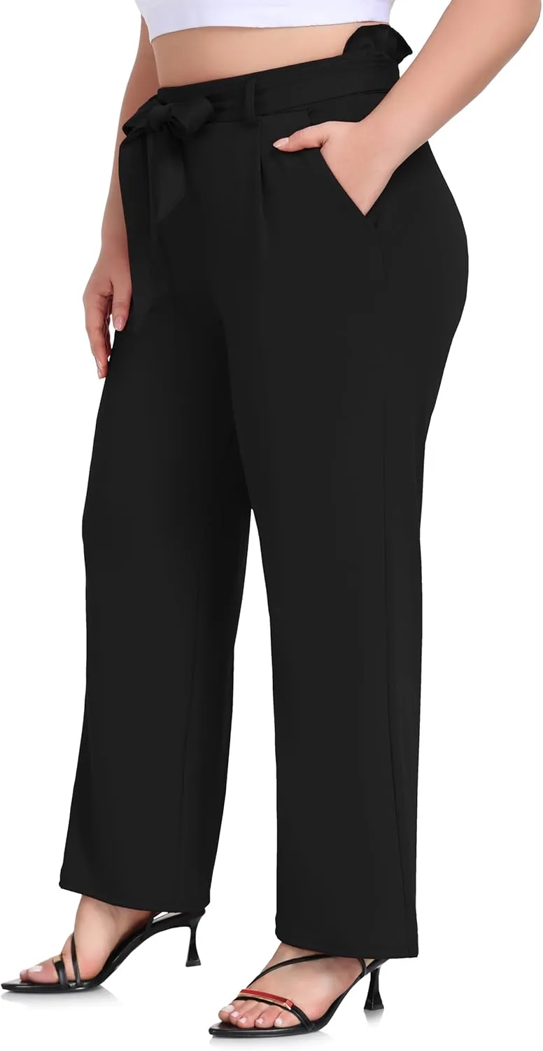 ZERDOCEAN Women's Plus Size Wide Leg Pants High Waisted Self-tie Belted Lounge Pants Trousers with Pockets