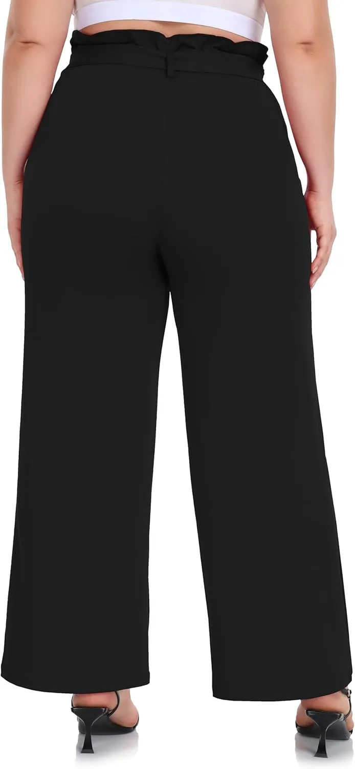 ZERDOCEAN Women's Plus Size Wide Leg Pants High Waisted Self-tie Belted Lounge Pants Trousers with Pockets
