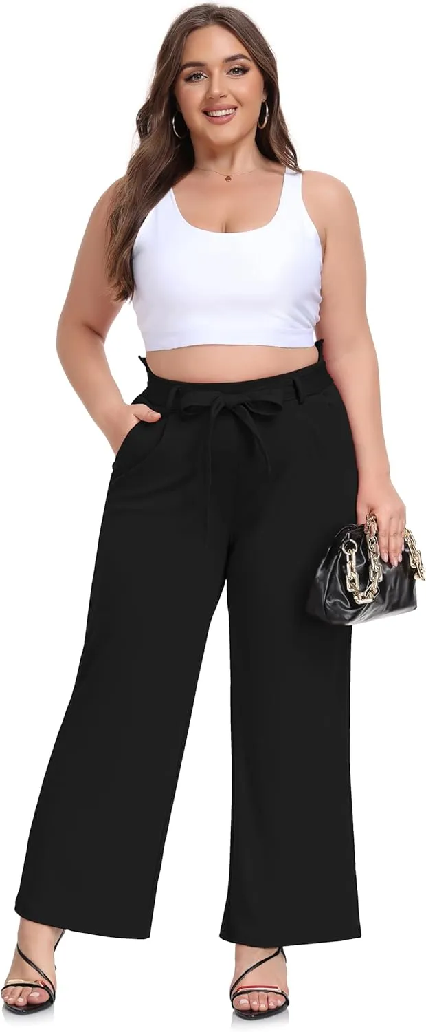 ZERDOCEAN Women's Plus Size Wide Leg Pants High Waisted Self-tie Belted Lounge Pants Trousers with Pockets
