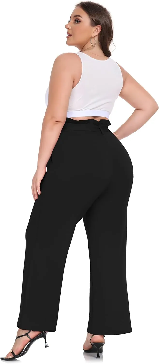 ZERDOCEAN Women's Plus Size Wide Leg Pants High Waisted Self-tie Belted Lounge Pants Trousers with Pockets